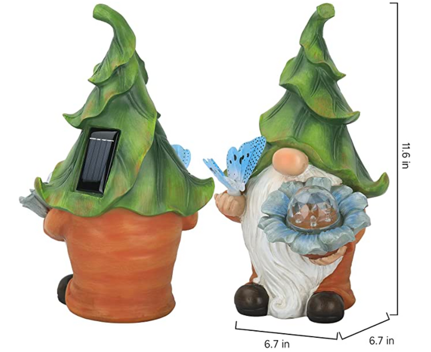 Gnome Figurine Holding Magic Orb and Butterfly with Solar LED Lights